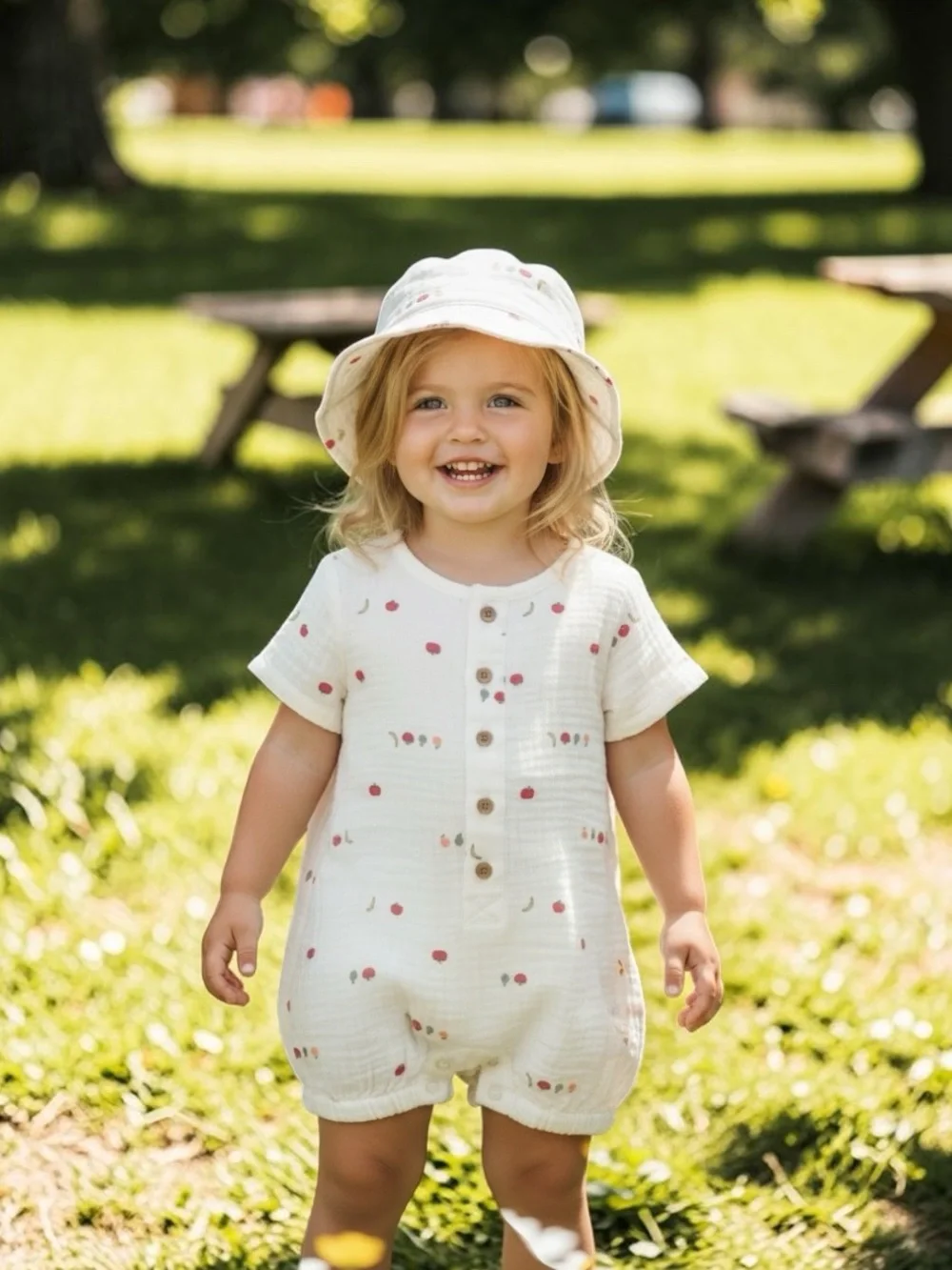 Carter's Cream Romper and Bucket Hat Set With Veggie Print